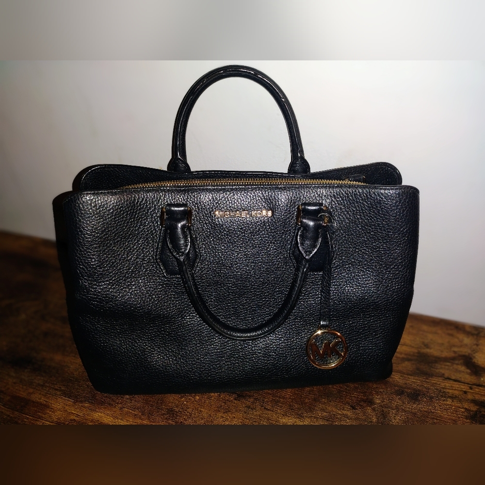 Michael Kors Black Textured Leather Satchel with Gold Hardware